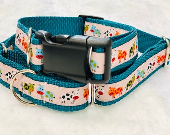 Happy Cows Dog Collar: Teal Nylon, Farm Animal Print, Buckle or Martingale