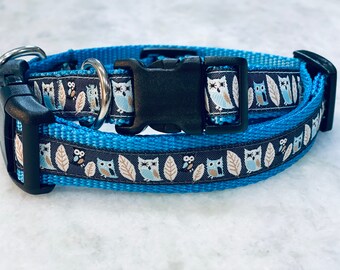 Wise Owl Dog Collar, Blue Nylon, Buckle or Martingale, .75" or 1" width