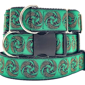 Green Celtic Raven Dog Collar Martingale or Buckle 1.5 inch Wide