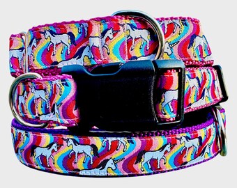 Unicorn Dog Collar 1 inch Wide Martingale or Buckle
