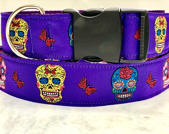 Purple Sugar Skulls Dog Collar: 1.5 inch Martingale or Buckle