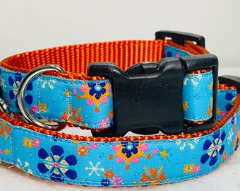 Blue Floral Dog Collar 3/4 inch Buckle or Martingale