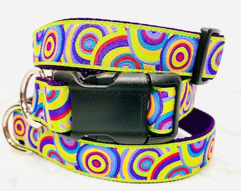 Target Dog Collar, Purple & Lime Green, Martingale or Buckle, 1 inch