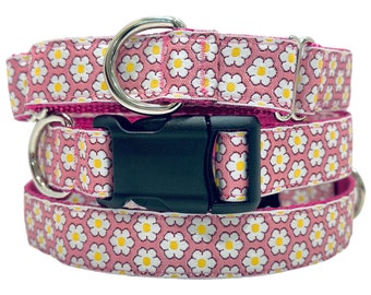Daisy Dog Collar Pink Floral 1 inch Wide Martingale or Buckle