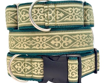 Green and Gold Royal Celtic Heart Dog Collar Martingale or Buckle 1.5” Wide