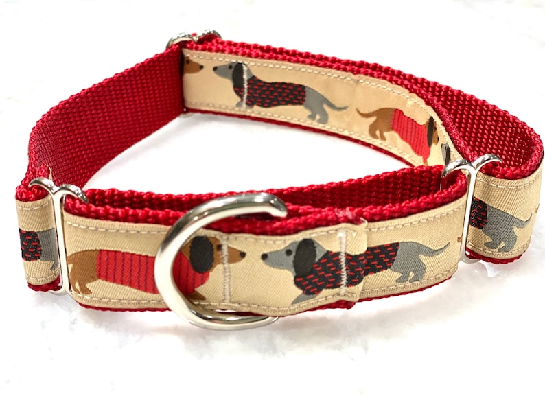 May include: Red dog collar with a beige and red dachshund print. The collar has a silver buckle and two silver D-rings.