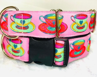 Tea Party Dog Collar, Alice in Wonderland, 1.5 inch, Martingale or Buckle