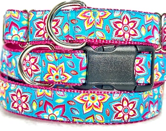 Colorful Floral Dog Collar 1 inch Wide Martingale or Buckle