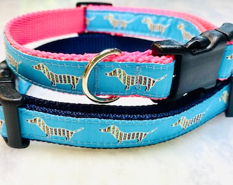 Dachshund Weiner Dog Collar, Embroidered Ribbon on 3/4” Wide Nylon Webbing with Buckle.