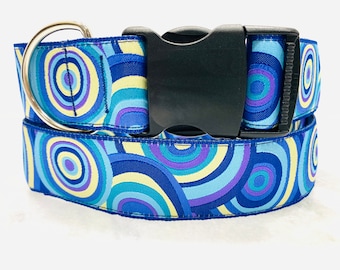 Bullseye Target Dog Collar Martingale or Buckle Blue and Purple 1.5 inch Wide