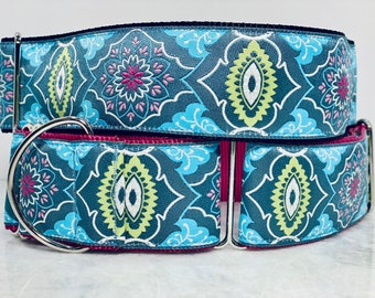 Brocade Grey/Blue Martingale Dog Collar, 2” Wide Giant Breed Collar