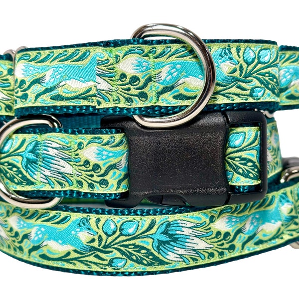 Green Floral Fox Dog Collar Floral 1 inch Wide Martingale or Buckle