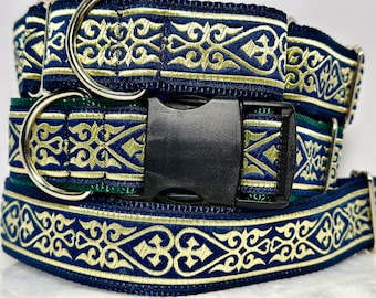 Navy Blue and Gold Royal Celtic Heart Dog Collar Martingale or Buckle 1.5” Wide