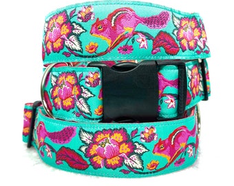 Turquoise and Magenta Chipmunk Dog Collar Floral 1.5 inch Wide Martingale or Buckle