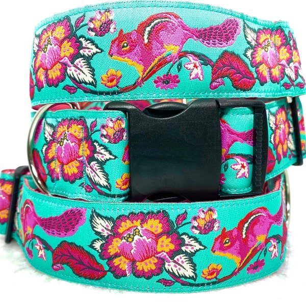 Turquoise and Magenta Chipmunk Dog Collar Floral 1.5 inch Wide Martingale or Buckle