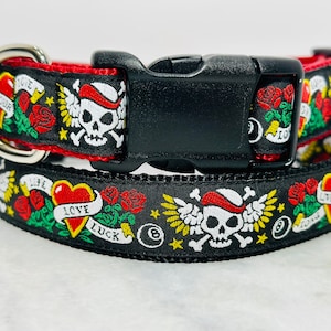 Tattoo Skull Dog Collar Martingale or Buckle 1 inch Wide