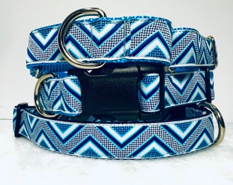 Blue Zigzag Dog Collar Martingale or Buckle 1 inch Wide