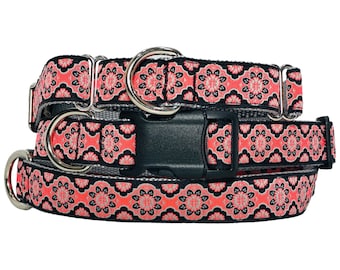 Neon Pink, Black, and Gray Floral Dog Collar 1 inch Wide Martingale or Buckle
