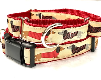 Dachshund Dog Collar Martingale or Traditional Buckle 1 inch, Weiner Dog in Sweater