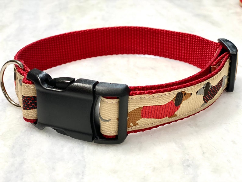 May include: Red dog collar with a beige and red dachshund pattern. The collar has a black plastic buckle and a silver D-ring.