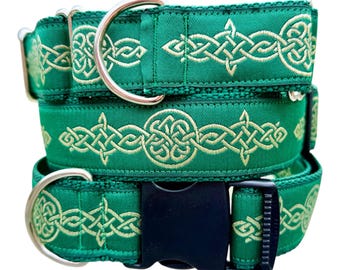 Green and Gold Celtic Knot Dog Collar Martingale, Buckle, or Martingale with Buckle, 1.5” Wide