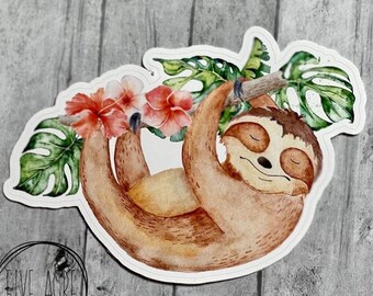 Cute Sloth Waterproof Sticker – Chill Sloth with Flowers Decal