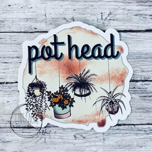May include: A sticker with a watercolor background and the text "pot head" in black. Three hanging plants are depicted in the sticker, including a fern, a succulent, and a trailing plant.