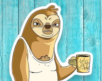 Grumpy Sloth Coffee Sticker – Waterproof Vinyl Decal