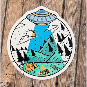 UFO Camp Sticker | Alien Car Window Decal | Funny Waterproof Sticker | Laptop Sticker | Water Bottle Decal | Truck Sticker | Camping