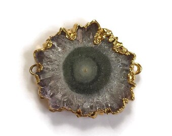 Stalactite Connector, Natural Freeform Stalactite, Stalactite Double Bail Pendant with Gold Electroplated Edging