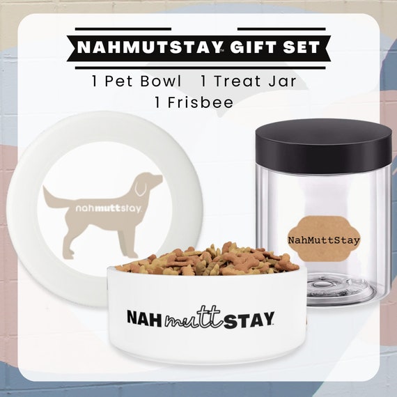 Nahmuttstay Gift Set Pet Bowl, Treat Jar, Frisbee