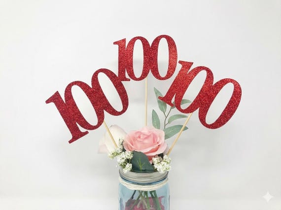 100th Birthday Glitter Centerpiece Sticks: Anniversary Celebration, Set of 3