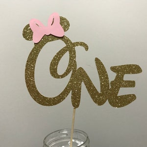 Minnie Mouse Cake Topper, Gold and Pink Glitter Minnie Cake Topper ,First Birthday Party Cake Stick ,One Minnie Cake Decoration Topper