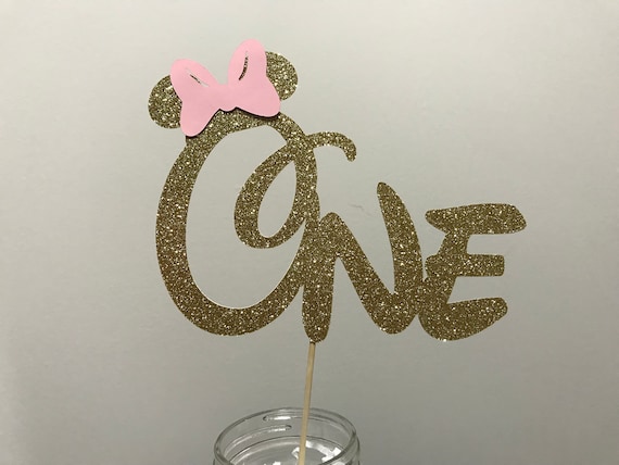 Minnie Mouse Cake Topper, Gold and Pink Glitter Minnie Cake Topper ,First Birthday Party Cake Stick ,One Minnie Cake Decoration Topper