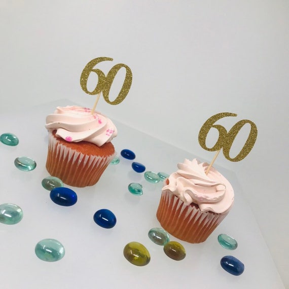 60 Birthday Cupcake Toppers, Birthday Decoration, 60th Birthday Party, Cupcake topper Glitter, 12 Ct.