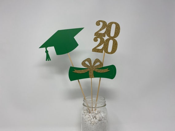 Graduation party decorations, 2021 Graduation Centerpieces, Grad ,Cap ,Diploma , class of 2021, graduation decorations, gold and green
