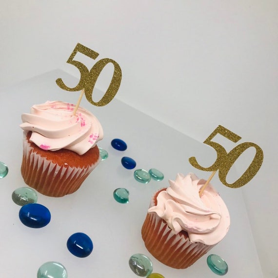 50 Birthday Cupcake Toppers, Birthday Decoration, 50th topper, Cupcaketopper Glitter, 12 Ct. class reunion decoration, anniversary, school