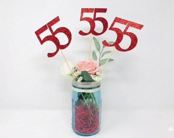 Centro de mesa de cumpleaños, 55.º aniversario, celebración del 55.º aniversario, decoración del 55.º cumpleaños, reunión de la clase del 55.º aniversario, promoción de 1965, adorno para tarta del 55.º aniversario