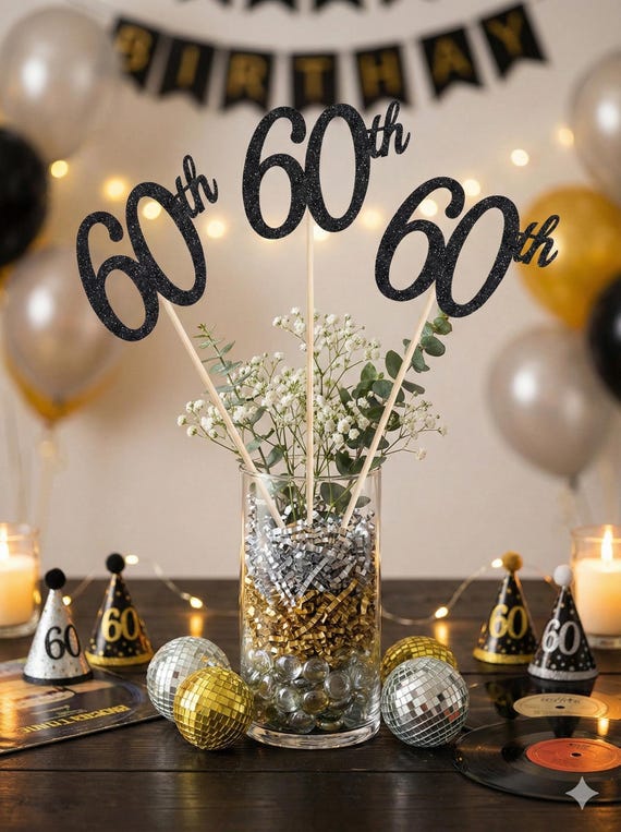 Set of three sticks, 60th Birthday Centerpiece, 60th Anniversary, 60th Celebration, Centerpieces, 60's Birthday Decoration, Class Reunion