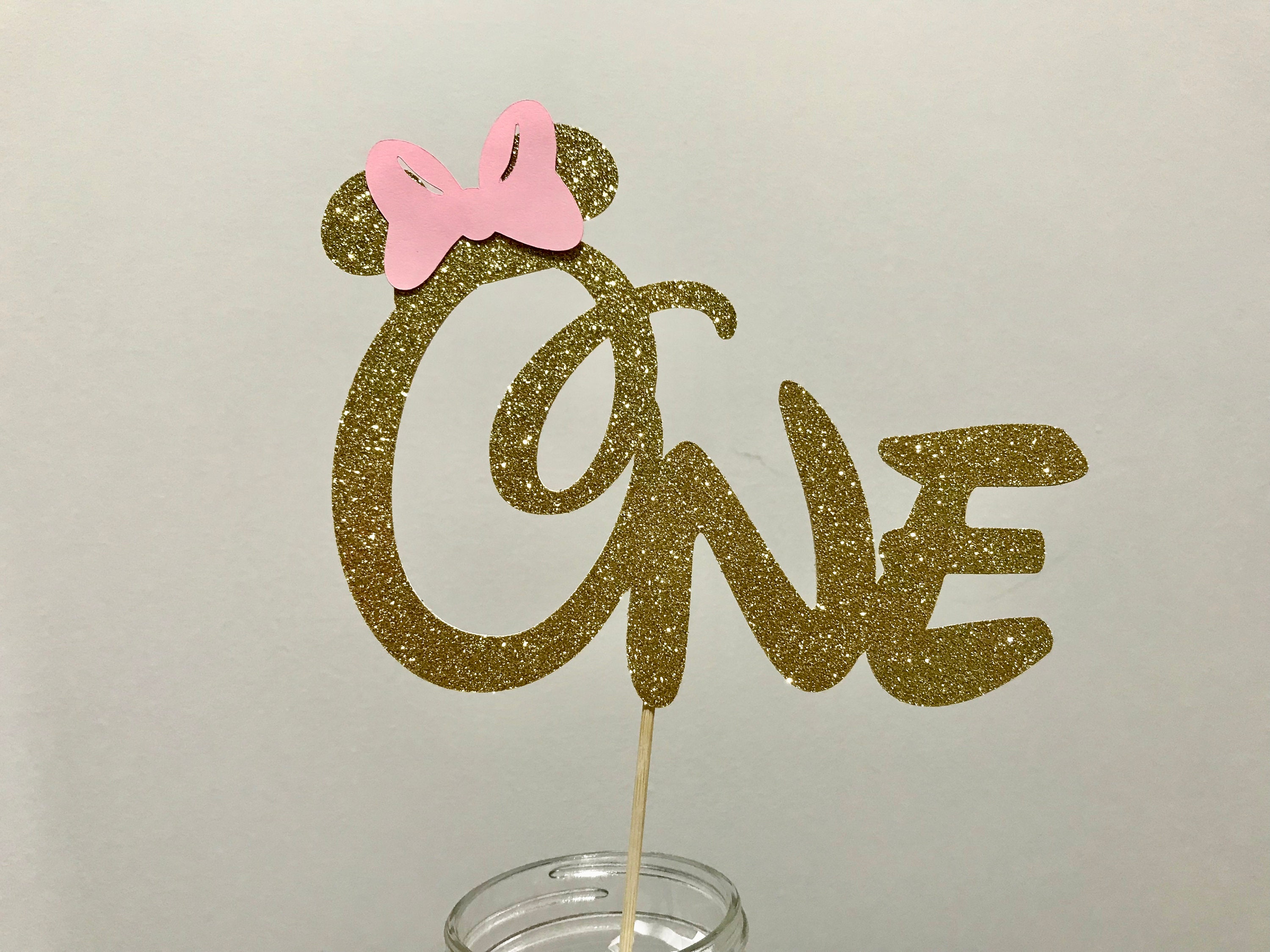 Minnie Mouse Cake Topper, Gold and Pink Glitter Minnie Cake Topper ,First  Birthday Party Cake Stick ,One Minnie Cake Decoration Topper