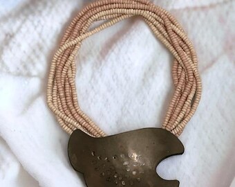 Vintage Artisan Coral Shell/Aged Brass Centerpiece Necklace -- OS