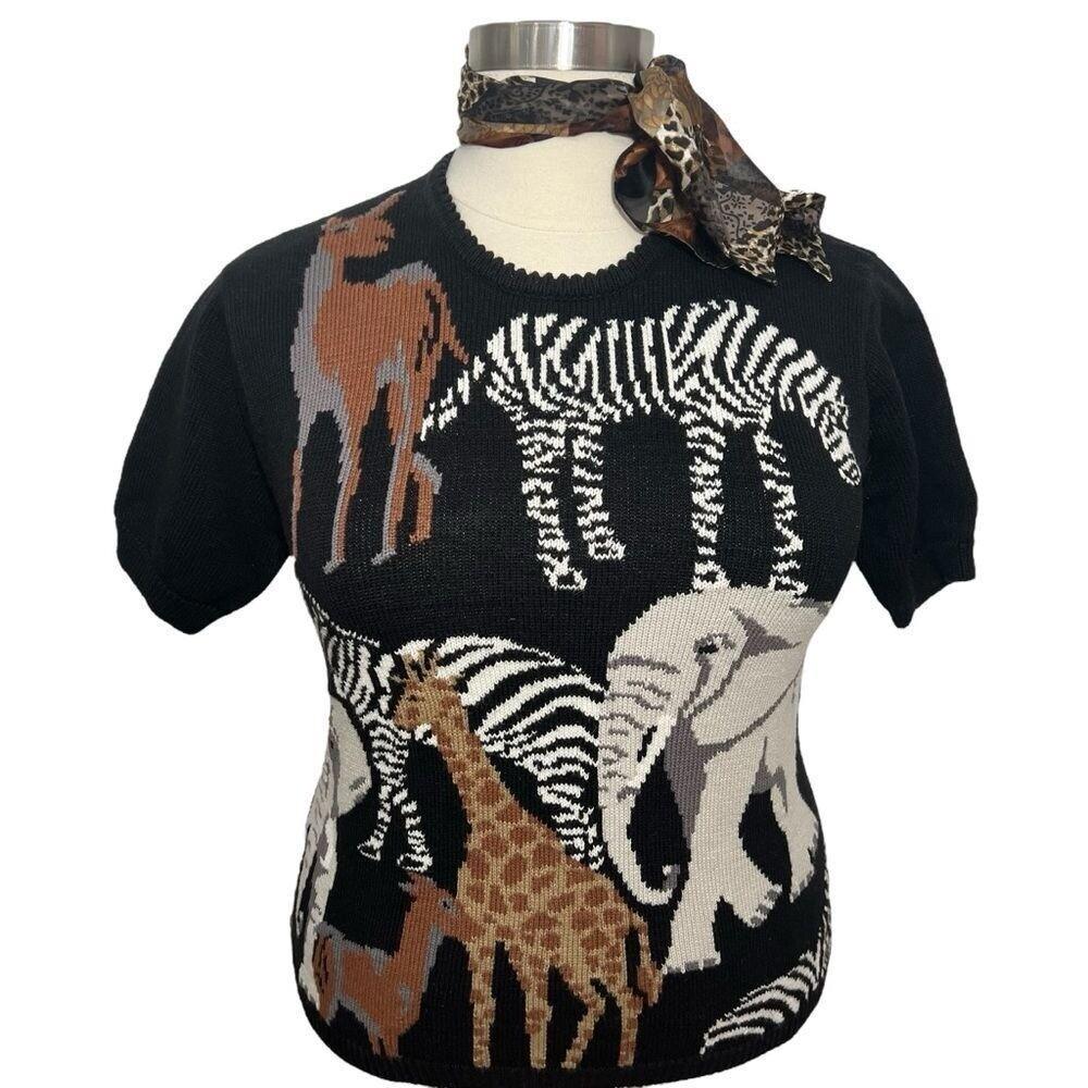 Vintage Terazzo Jungle Animal Print Crew Neck Short Sleeve Sweater - L