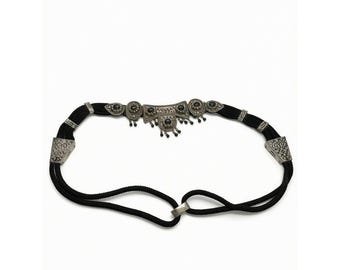 vintage Boho/Western cordon noir et ceinture décorative argentée