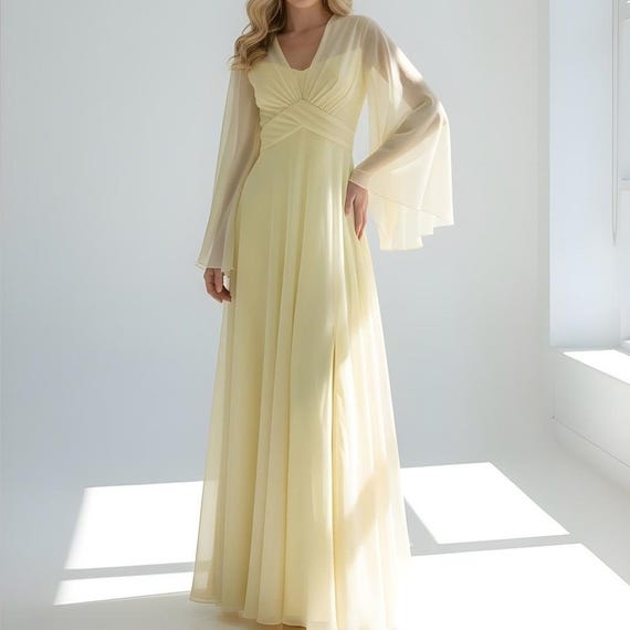 Antique Mike Benet Formals Butter Cream Yellow Flowy Dress - Vintage Sizing