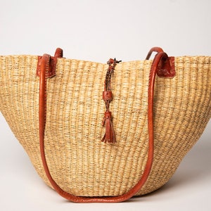 AKORFA Handmade African, Basket Shoulder Bag from Grass & Real Leather
