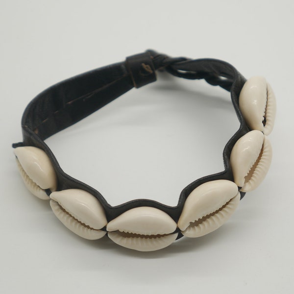 NUNYA African, Handmade, Black leather, Cowrie shell Bracelet and Choker Necklace
