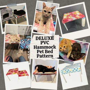 May include: A collection of cat hammocks in various colors and patterns, including tie-dye, floral, and gingham. The hammocks are supported by white PVC frames. The image also includes cats resting on the hammocks. Text on the image reads "DELUXE PVC Hammock Pet Bed Pattern."