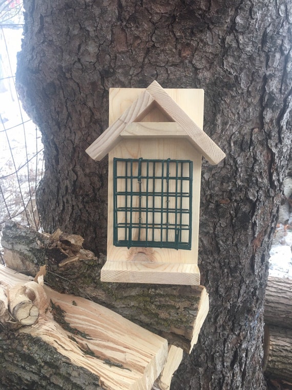 Handmade Unfinished Wooden Bird Feeder With Cage Suet Etsy