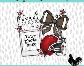 Red Football Picture Frame Polaroid Sublimation PNG Football Mama Check Design Cute Customized Stars Bow PNG DTF Travel Select Team Royal