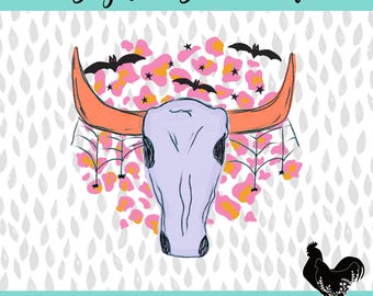Pastel Western Steer Skull Spiders and Bats Leopard Print Halloween Sublimation PNG Cute Fall Punchy Country Cow Skull DTF Design Bright Fun